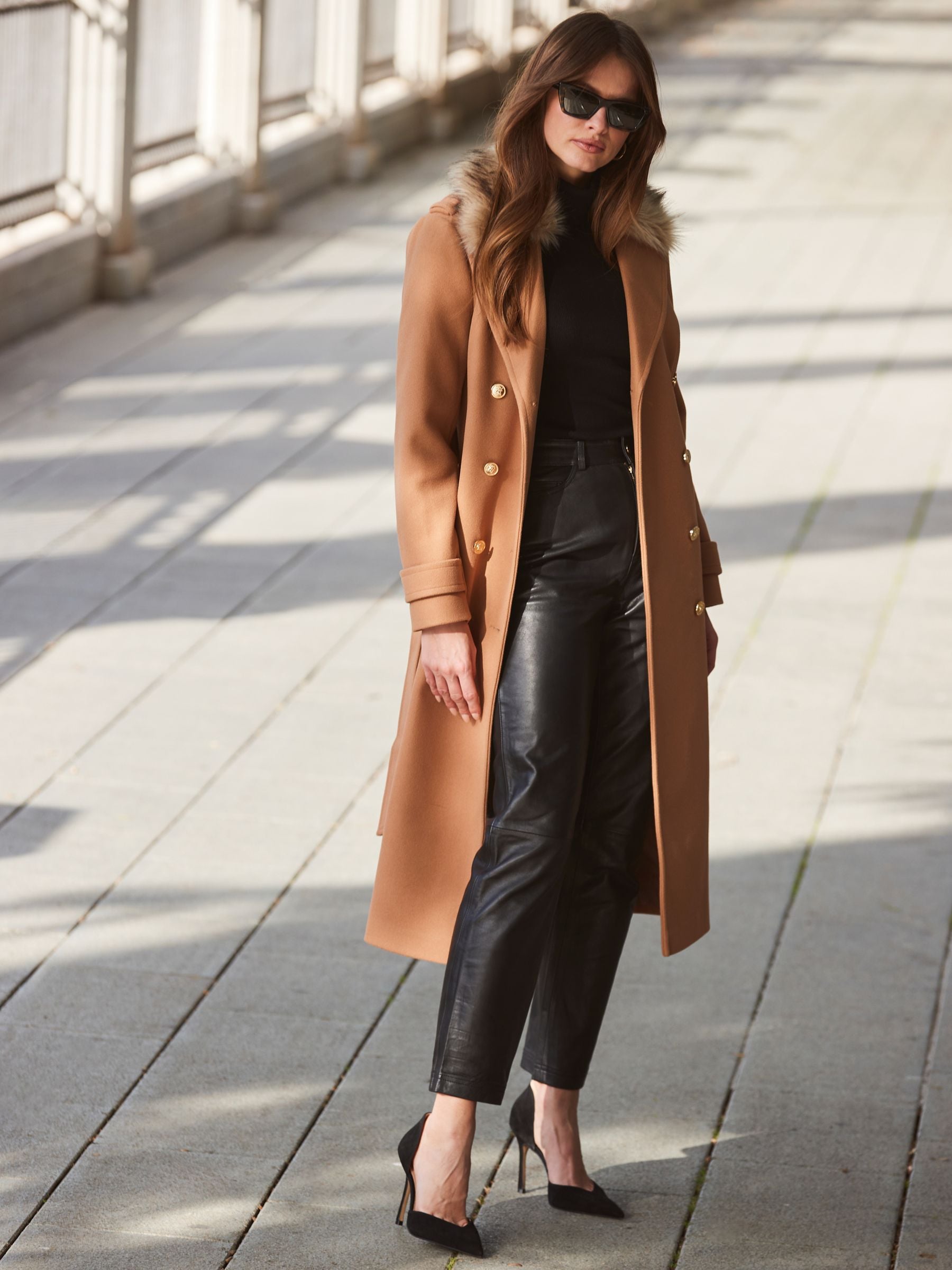 Buy Sosandar Brown Longline Coat With Faux Fur Collar from Next Canada