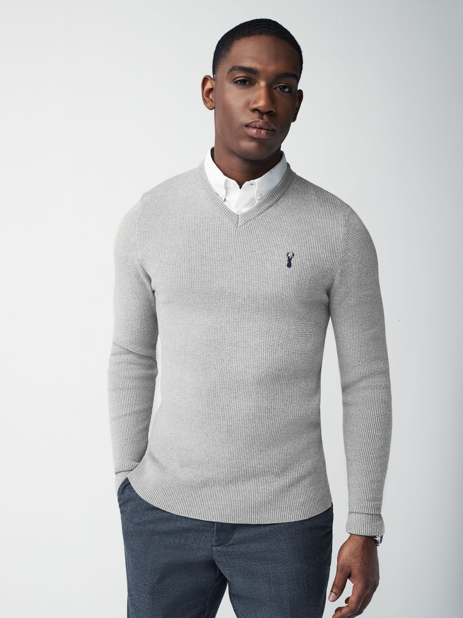 Buy Grey Oxford V-Neck Regular Fit Mock Shirt Jumper from Next
