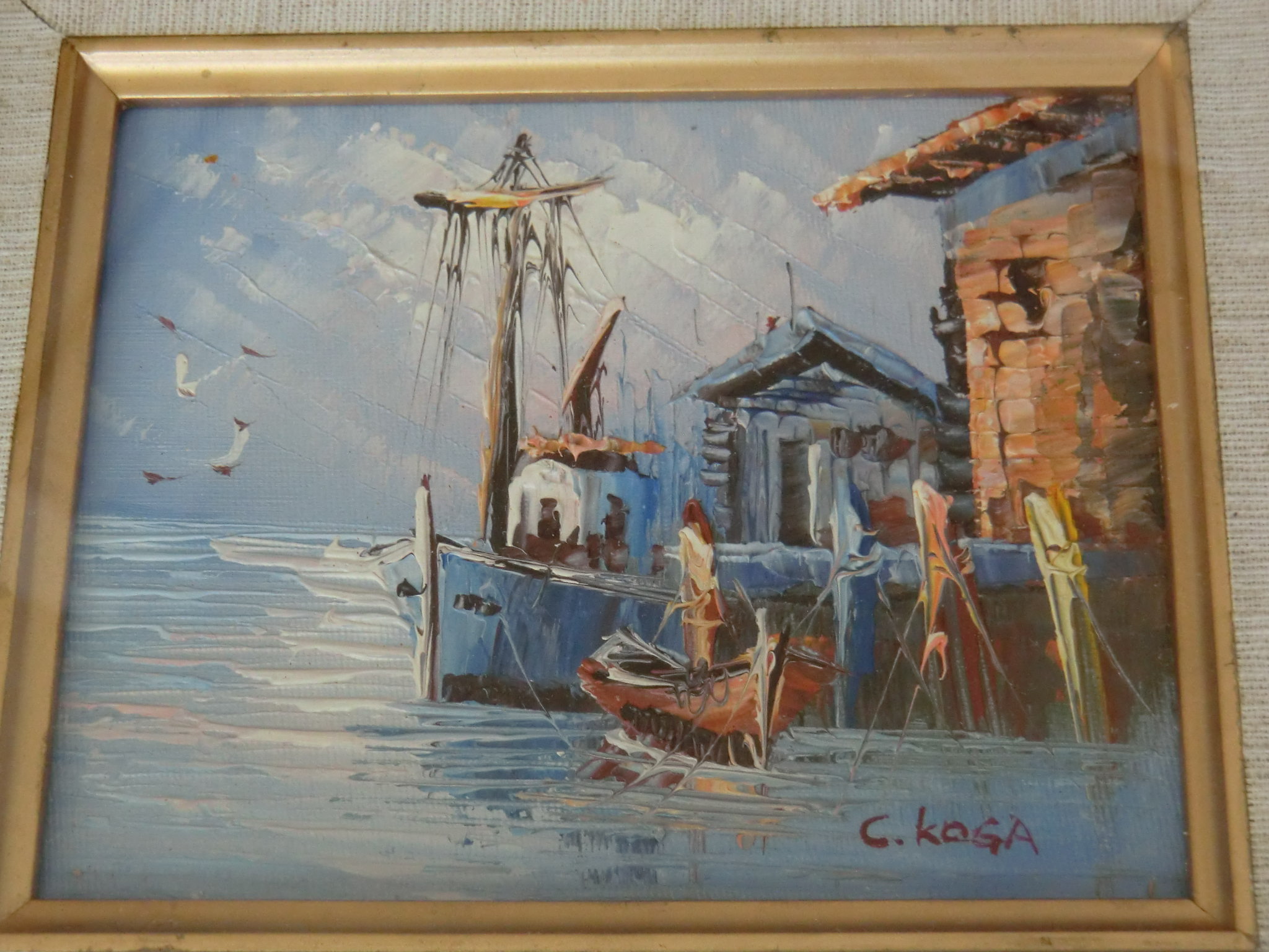 作者不詳・タイトル不詳の油彩作品 波止場の風景画 サインC・KOGA