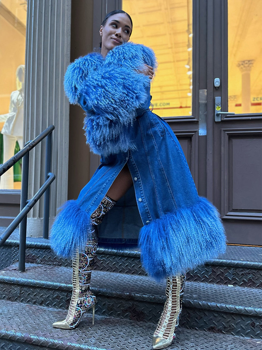 Denim Coat w/ Shearling Fur -..-. ZCRAVE™ OFFICIAL ONLINE STORE