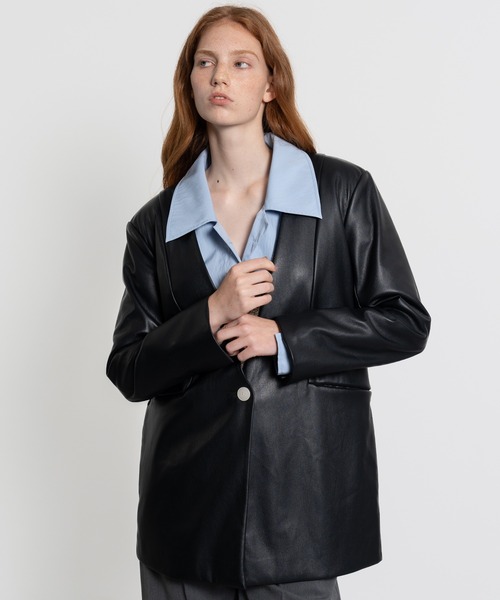 ジャケット ノーカラージャケット 「ELOOPS」ノーカラーフェイクレザー