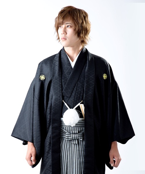 KIMONOMACHI 着物 メンズ 羽織袴3点セット 金刺繍紋入り 紋付き袴 紋付