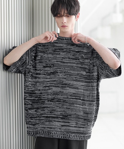 ASTRONOMY セーター ニット 透かし編みメランジドルマンメッシュ5分袖