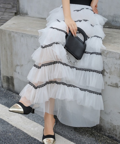 deux amour スカート レース配色チュールティアードボリュームスカート