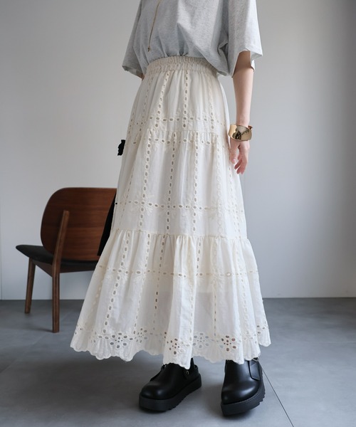 ap retro スカート スカラップ刺繍ティアードスカート / レース
