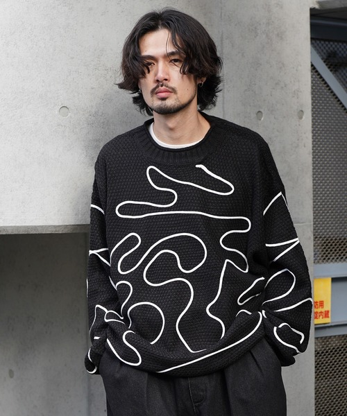 Aphlotus セーター ニット ライン刺繍 透かし編み クルーネックニット