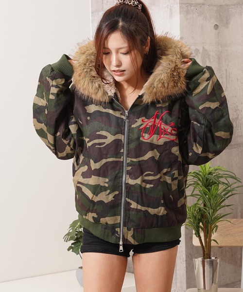ブルゾン アウター フードファー クロップド 迷彩 ジャケット / Hooded