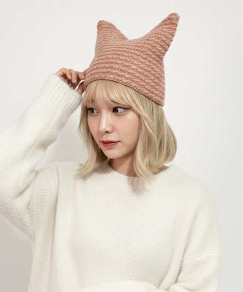 ニット帽 ニットキャップ 「HIKA」ポップコーン編み猫耳CAP レディース