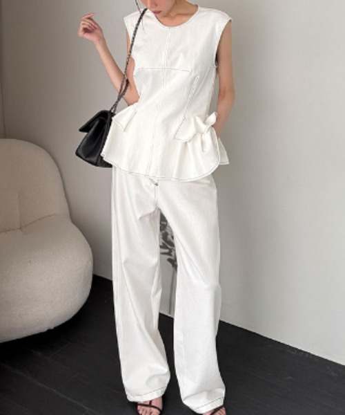 FAVORITO セットアップ フリルノースリーブトップス+ワイドパンツ