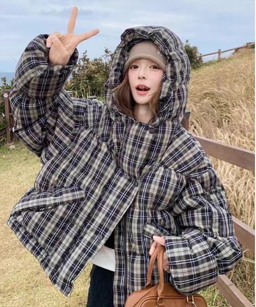 ダウンコート ダウンジャケット チェック柄フード付き中綿ジャケット