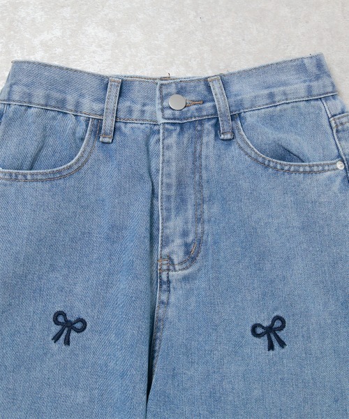 ジーンズ デニム デニムパンツ リボン刺しゅう ハイウエストストレート