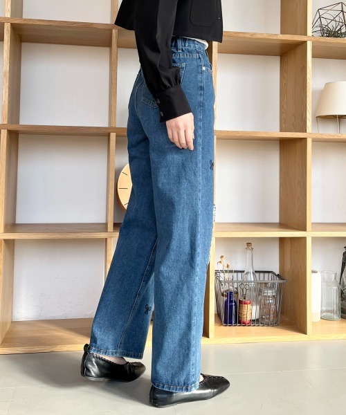 ジーンズ デニム デニムパンツ リボン刺しゅう ハイウエストストレート
