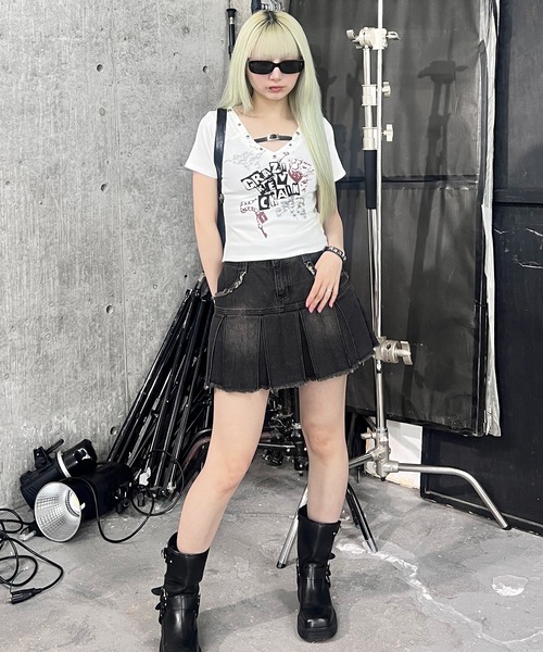 デニムスカート プリーツヘムフリンジデニムミニスカート : ZOZOTOWN