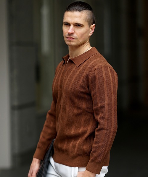 SOMEDIFF（サムディフ） ポロシャツ 長袖ストライプニットポロシャツ