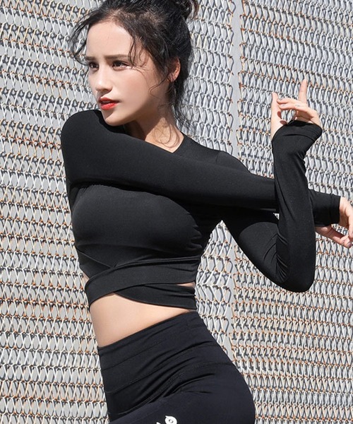 HYS SHOP レディース 長袖クロップド丈クロスデザインヨガウェア