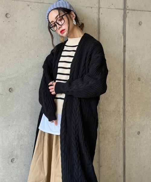deux amour カーディガン ケーブルニットロングカーディガン