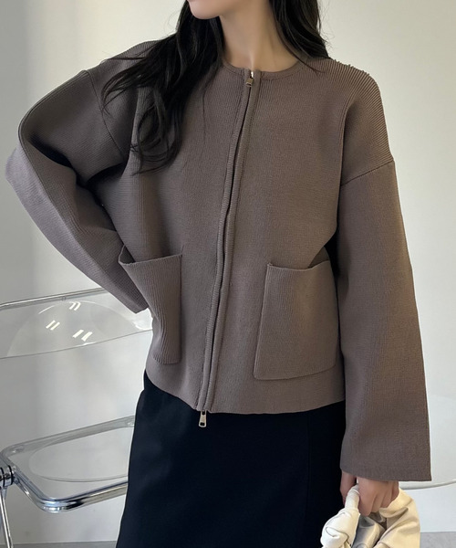 Ada. ブルゾン アウター ポケット付き ジップ ニット ブルゾン