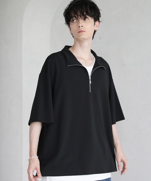 tシャツ 梨地ハーフジップ 半袖プルオーバー メンズ レディース