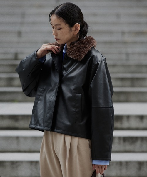 hellam（ヘラム） レザージャケット ライダース 襟ボアフェイクレザー