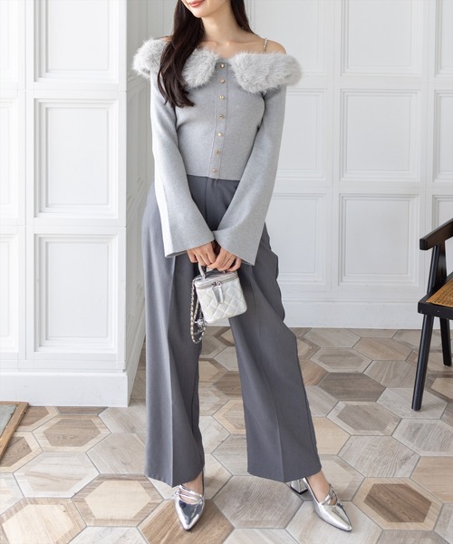 clear ニット セーター ビジュー肩紐オフショルファーニットトップス