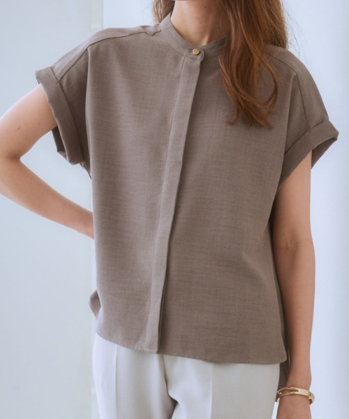 7days Life Styling ブラウス シャツ 麻調合繊バンドカラー半袖