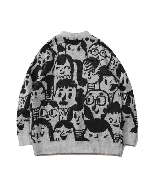 セーター ニット 「HOOK」いろんな顔総柄ニット風スウェット メンズ