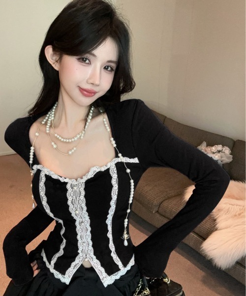 Sibra（シブラ） tシャツ フロントレースジップコルセット風トップス