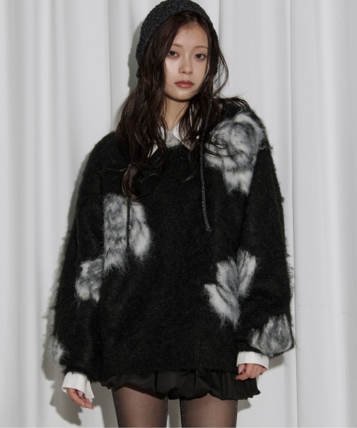 Ezick ニット セーター rose mix shaggy knit スタッズツキフラワー