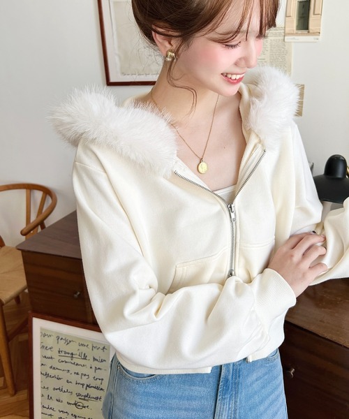 moment+ パーカー ファーフードダブルジップショートパーカー