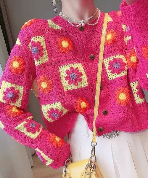 ニット セーター 花柄 クロシェ編み カーディガン レディース