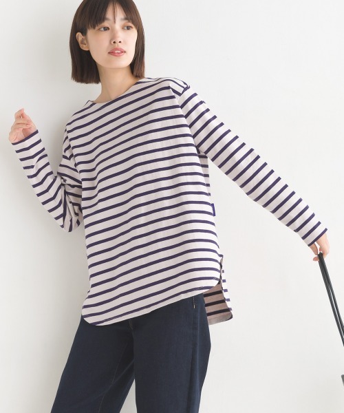 OMNES（オムネス） tシャツ 10番単ボーダー裾ラウンド長袖Tシャツ
