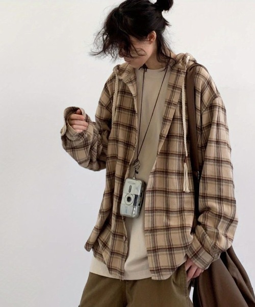 FreeZone パーカー チェック柄フード付きシャツ メンズ レディース