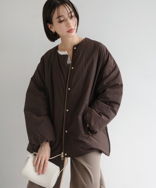 evernavy ダウンコート ダウンジャケット ノーカラーサイドジップ