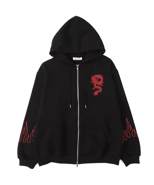 パーカー 「裏起毛」ドラゴン刺繍ビッグZIPパーカー レディース メンズ
