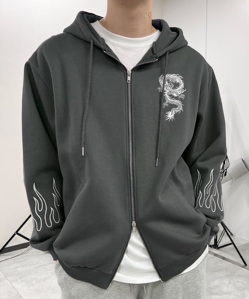 パーカー 「裏起毛」ドラゴン刺繍ビッグZIPパーカー レディース メンズ