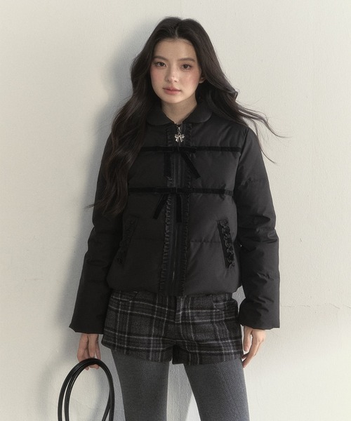 SunsetPark ダウンコート ダウンジャケット ベロアリボン ショート