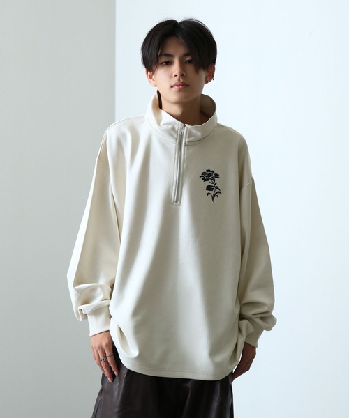 Nilway（ニルウェイ） tシャツ スエード ハーフジップ 長袖 薔薇 刺繍