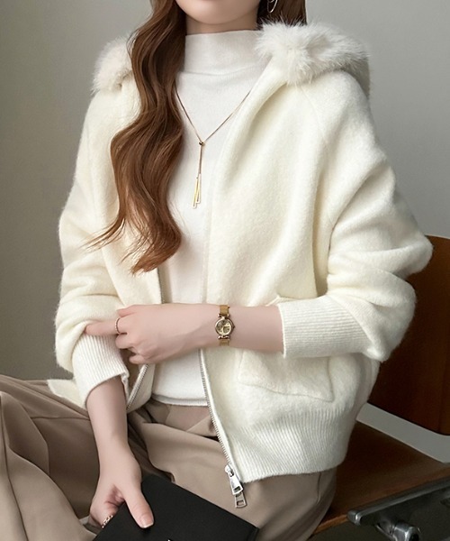 COCOMOMO パーカー ファー付きダブルジップパーカー ニットパーカー