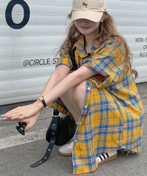 DIAVEL ブラウス シャツ チェック柄オーバーサイズ半袖シャツ/トップス