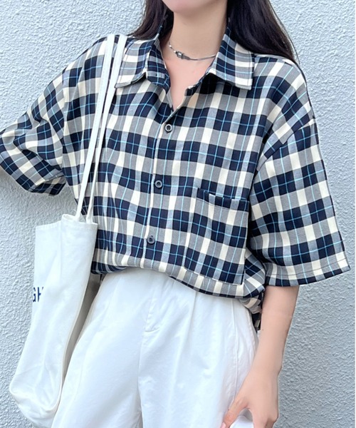 DIAVEL ブラウス シャツ チェック柄オーバーサイズ半袖シャツ/トップス