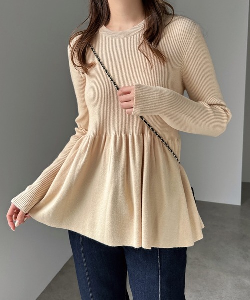 andme（アンドミー） ニット セーター 無地ボーダーペプラムフレア