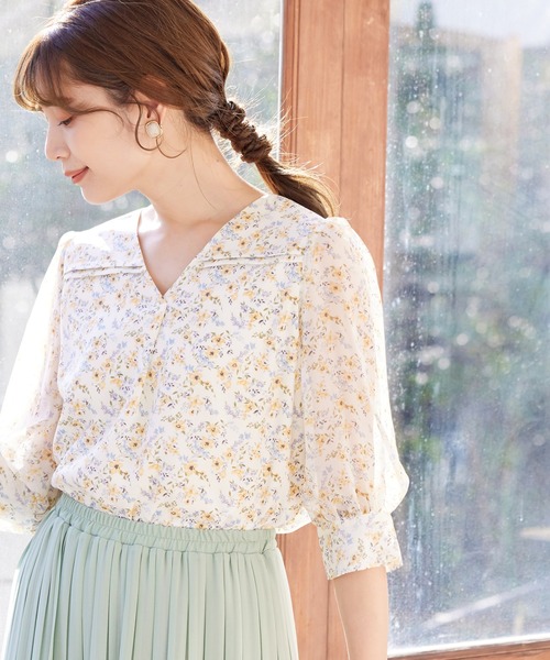 Tiaclasse ブラウス シャツ 「洗える」花柄Vネックブラウス レディース