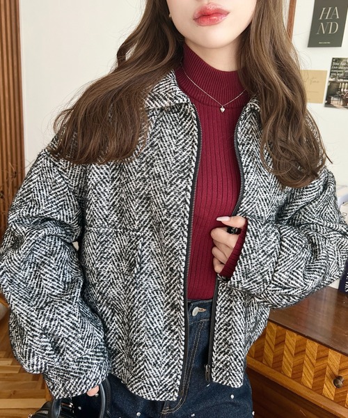 moment+ ブルゾン アウター フェイクウールヘリンボーン2WAYカラー