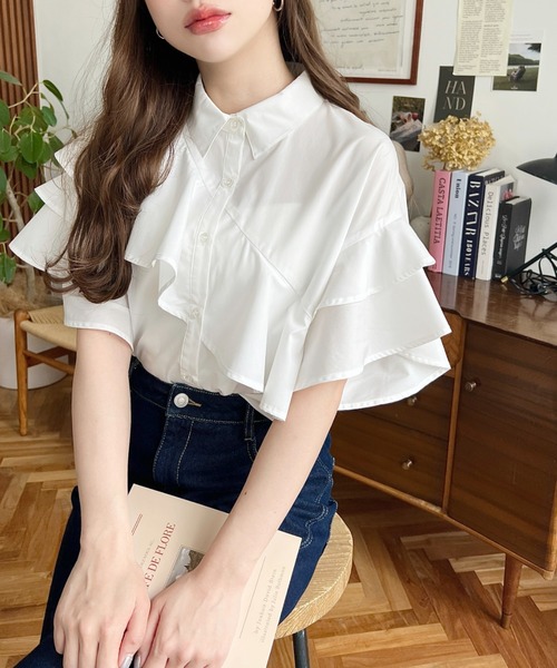 moment+ ブラウス シャツ TCブロードフリル半袖ブラウス レディース