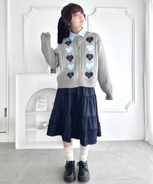Loueme カーディガン ハートアーガイルニットカーディガン レディース