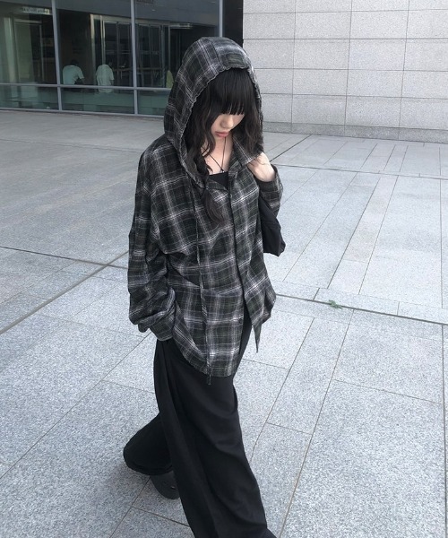 anyonemore ブラウス シャツ オーバーサイジングフード付きチェック