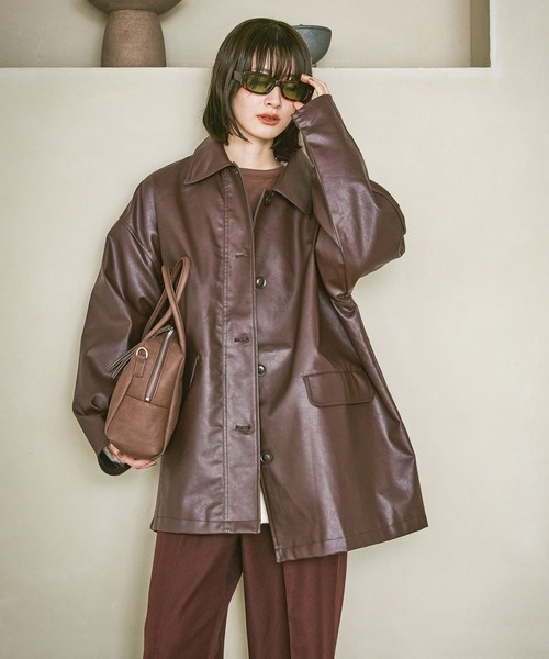 LAKOLE（ラコレ） ステンカラーコート コート フェイクレザーカー