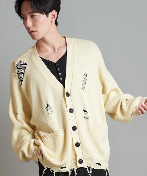 NO ID.（ノーアイディー） カーディガン 「NO ID.」Damage Knit V-Neck