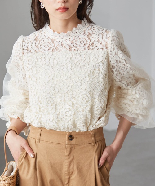 RANAN（ラナン） ブラウス シャツ チュールドッキングフラワーレース