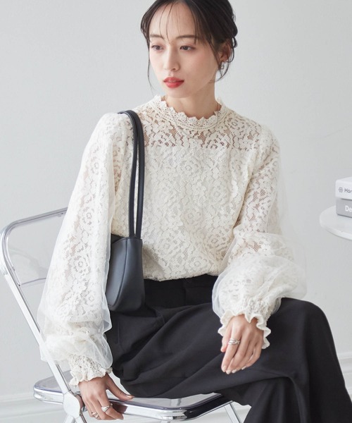 RANAN（ラナン） ブラウス シャツ チュールドッキングフラワーレース